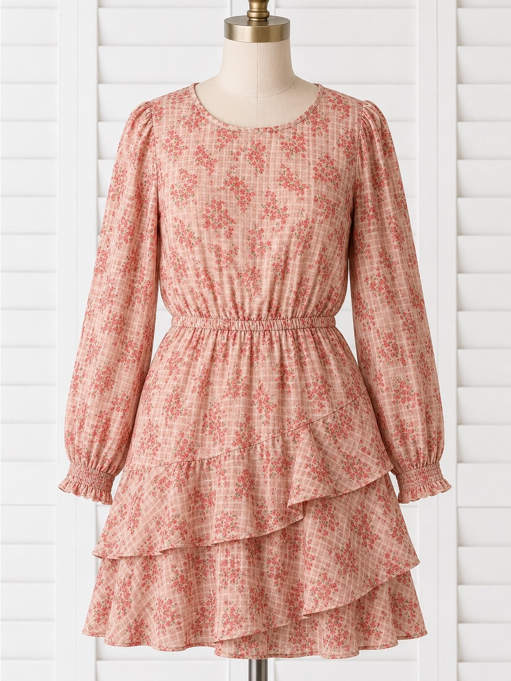 LOFT Coral Pink Floral Tiered Long-Sleeve Dress- NWOT